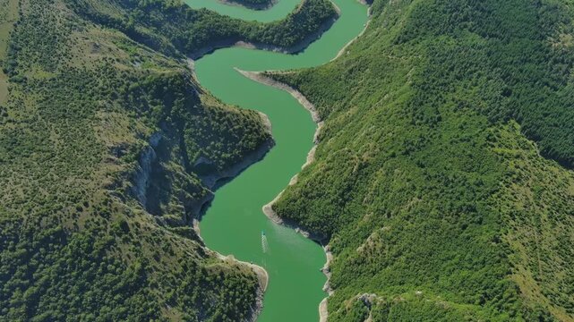 Aerial view of curved meanders in canyon of Uvac river, Serbia, 4k