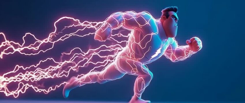 Electric superhero running with lightning speed energetic action sequence