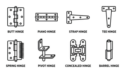 Different types of door hinges icons set with butt piano strap tee spring and concealed mechanisms © GoDesigner