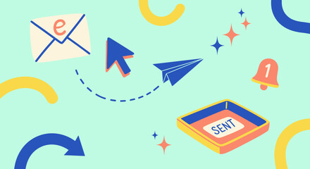 Email sending concept with paper plane and notification bell for communication and marketing