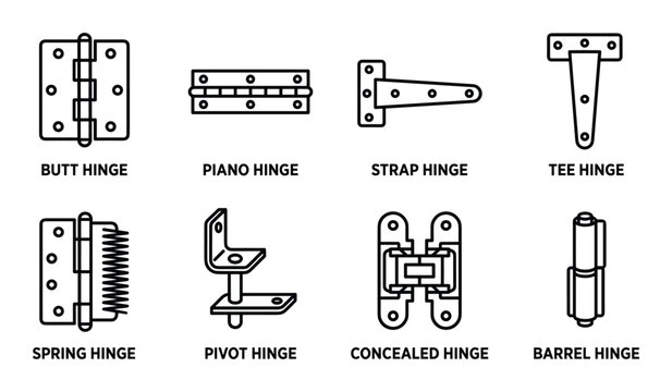 Different types of door hinges icons set with butt piano strap tee spring and concealed mechanisms