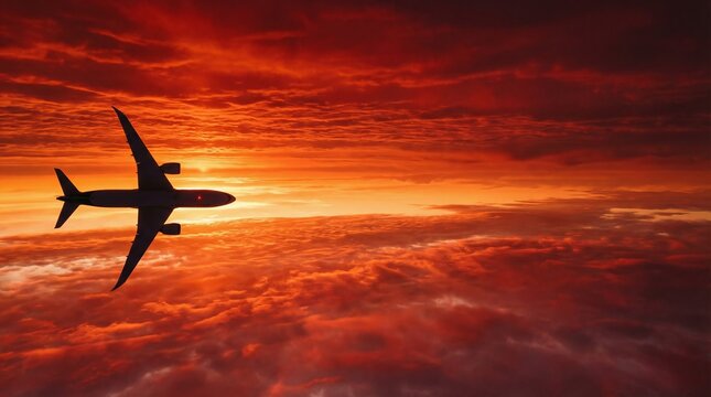 Commercial airplane soaring above dramatic cloud layers during sunset background