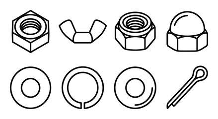 Fasteners and hardware components icons set including hex nuts wing nuts washers and cotter pins © GoDesigner