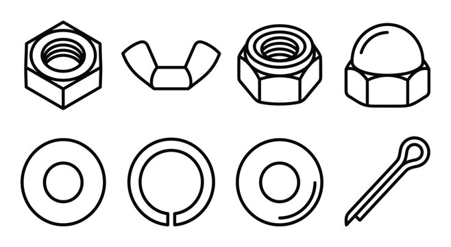 Fasteners and hardware components icons set including hex nuts wing nuts washers and cotter pins