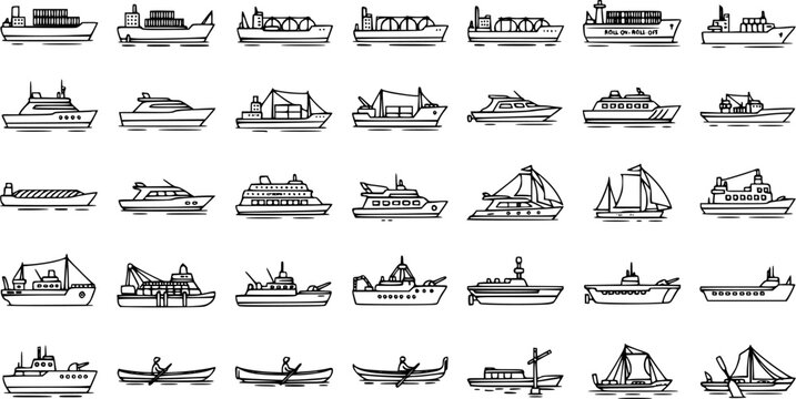 Marine Vessels and Boats Black and White Line Art Icon Set  Maritime Transportation, Travel  Logistics Doodle Collection