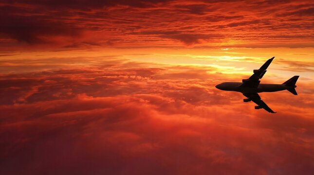 Commercial airplane soaring above dramatic cloud layers during sunset background