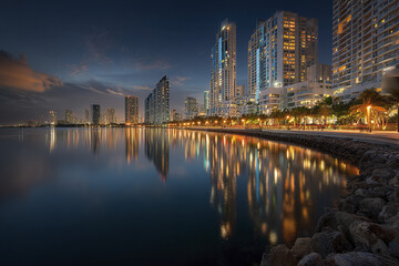 Fototapeta premium Urban waterfront skyline at night with illuminated modern buildings reflecting on calm water, creating peaceful and vibrant cityscape atmosphere