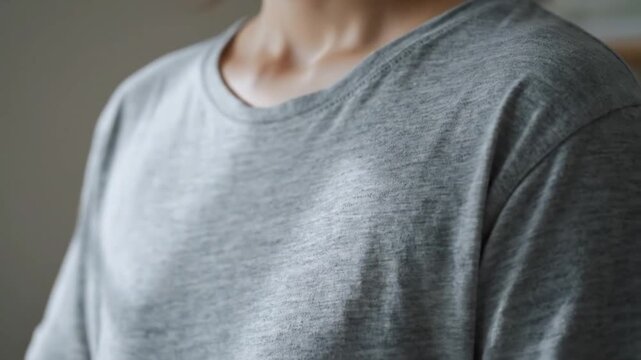 Close-up shot of a person wearing a plain grey t-shirt, highlighting its texture and simple design