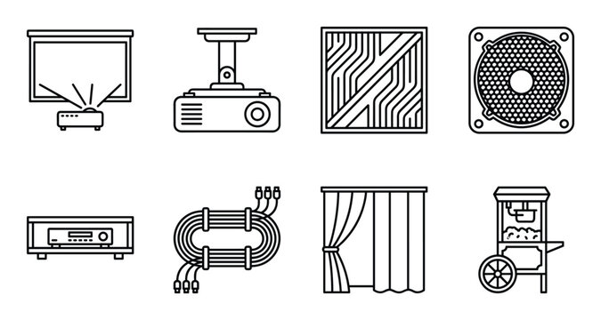 Home cinema technology icons including projector screen amplifier acoustic panel cables and popcorn
