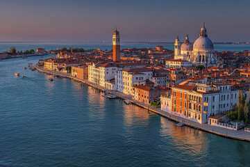 Fototapeta premium Venice lagoon cityscape panorama from above with historic buildings and domes glowing in warm sunset light over calm water and boats sailing peacefully