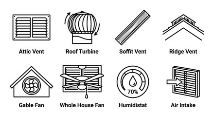 Home attic ventilation gable roof turbine and whole house fan system elements collection isolated © GoDesigner