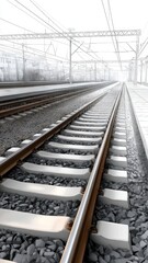 Fototapeta premium Train tracks and rail car close up view of train tracks with a rail car visible in the distance