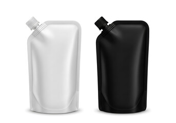 White and Black Blank Doypack Spout Pouch Packaging Mockup Vector Isolated on White Background