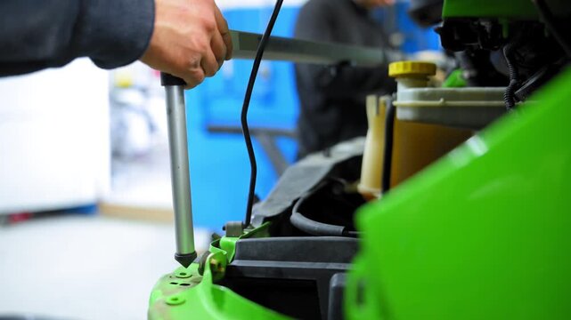Auto mechanic measuring vehicle body geometry using precision measuring tool during car repair and frame alignment in automotive workshop.