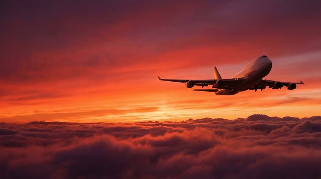 Commercial airplane soaring above dramatic cloud layers during sunset background