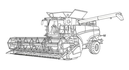 Detailed line drawing of a modern combine harvester, an essential agricultural machine for crop harvesting.