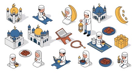 Fototapeta premium Isometric illustrations depicting Islamic symbols, including mosques, religious figures, prayer mats, and associated objects