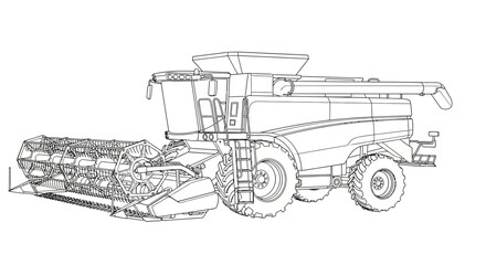 Obraz premium Detailed line drawing of a modern combine harvester for agricultural farming.