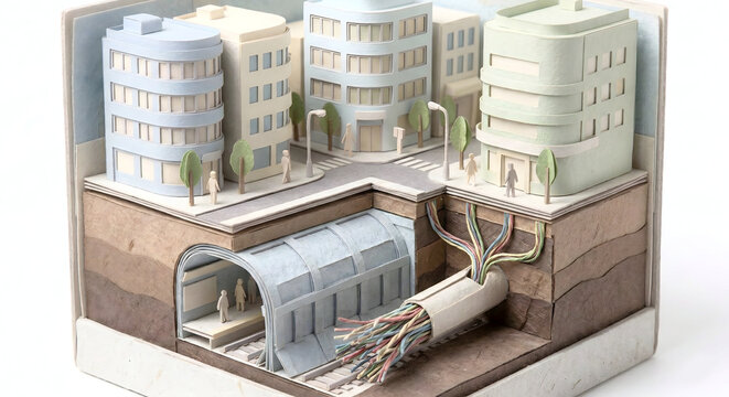 地下に埋設された電力ケーブルとスマートグリッドの都市断面図 3DCG