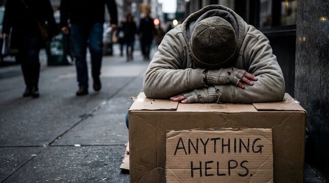A desolate urban scene captures a homeless individual, hunched over with a plea for help, symbolizing the silent struggle against poverty and the indifference of a bustling city