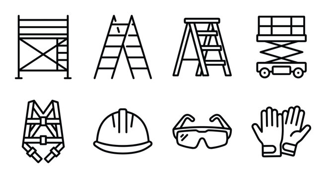Safety equipment and construction tools vector outline drawing to provide safety at work site