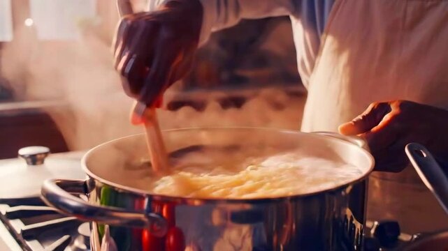 Skilled chef stirs hot herbal tomato mixture, An experienced cook expertly combines herbs into warm tomato soup, Chef skillfully whisks fragrant herbal ingredients into steaming bowl of tomato soup