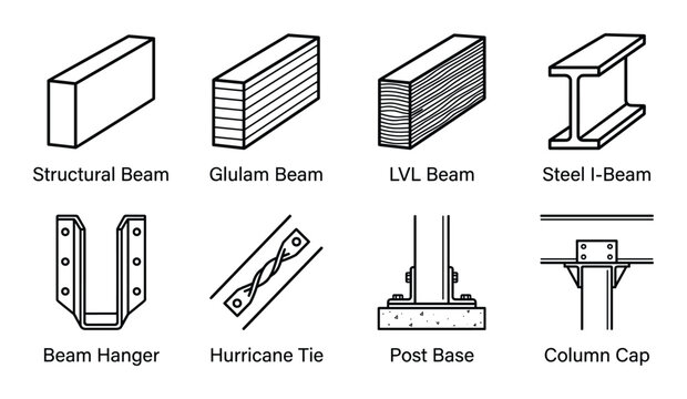 Set of home and building structural beam steel components joists and framing system elements isolated