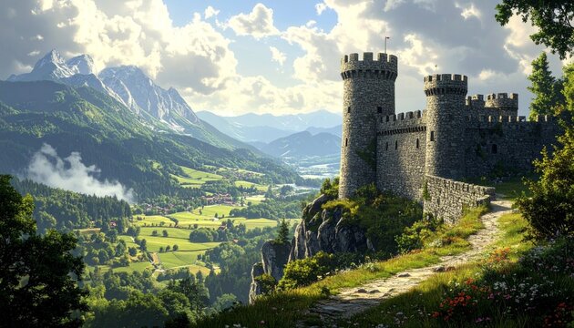 Majestic Castle Overlooking a Lush Valley - A Timeless Fantasy Landscape.