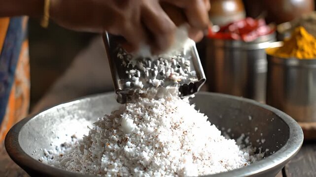 Close-up Shot of Hands Grating Fresh Coconut into a Metal Bowl with Spices in the Background Creating a Rustic Kitchen Atmosphere
