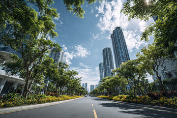 Naklejka premium Modern city street with tall skyscraper buildings and green trees lining road under bright blue sky with scattered clouds on sunny day