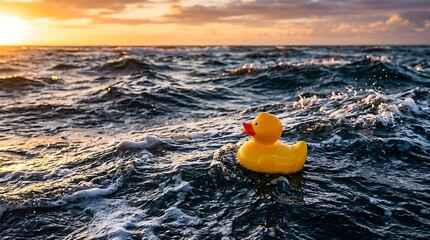 Yellow Rubber Duck Floating In Rough Sea