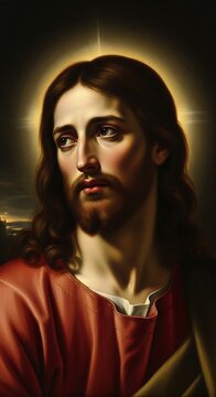 Reverent portrait depicts a figure with long brown hair and a beard radiating divine light