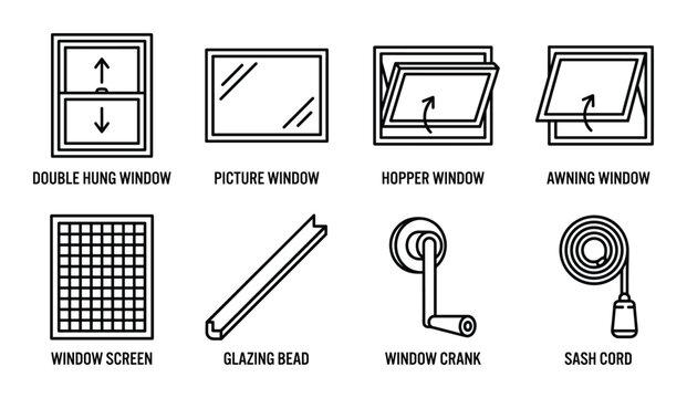 Variety of window styles line icons double hung picture awning hopper glazing bead sash cord