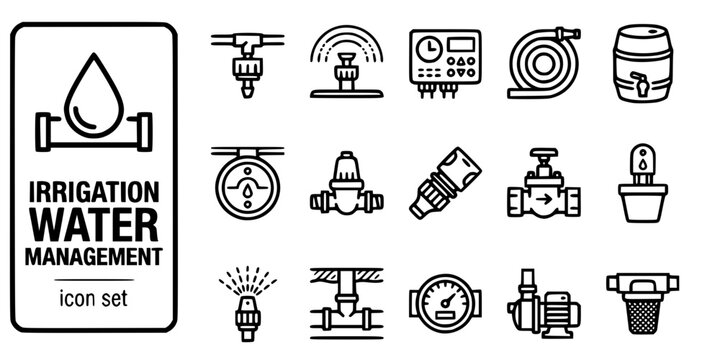Irrigation Water Management Bold Line Icons-Drip Irrigation Sprinkler Head Controller Soaker Hose Water Butt Rain Sensor Pressure Regulator-15 Irrigation Icon Set Vector - Water Management Icons