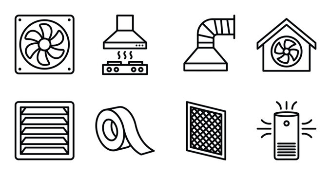 Ventilation system elements icons set exhaust fan air filter duct tape range hood air purifier