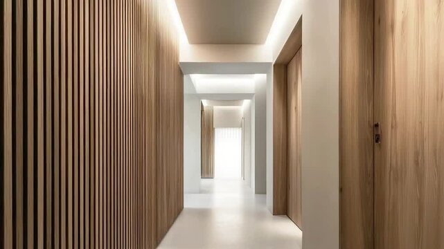 A bright and inviting hallway with wood paneling evokes feelings of calm and sophistication. Ideal for interior design, real estate listings, or marke