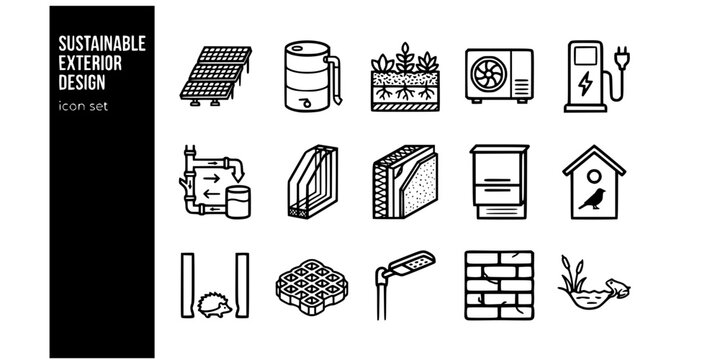 Sustainable Exterior Design Bold Line Icons-Solar Panel Roof Rainwater Harvesting Green Roof Air Source Heat Pump EV Charging Grey Water Triple Glazed-15 Sustainable Exterior Icon Set Vector - Eco Des