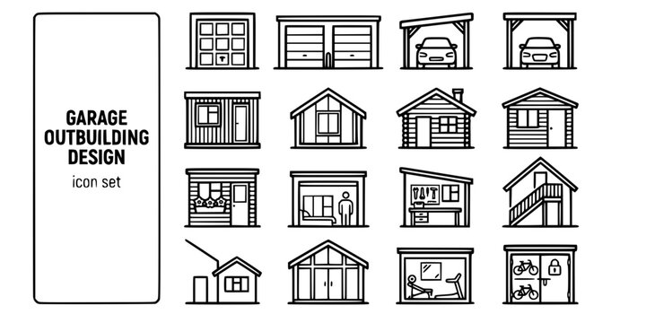 Garage Outbuilding Design Bold Line Icons-Garage Door Double Garage Carport Garden Office Garden Studio Log Cabin She-Shed Garage Conversion Storage Shed-15 Outbuilding Icon Set Vector - Garage Design