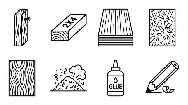 Woodworking materials icons set design elements lumber glue pencil wood planks plywood oriented strand