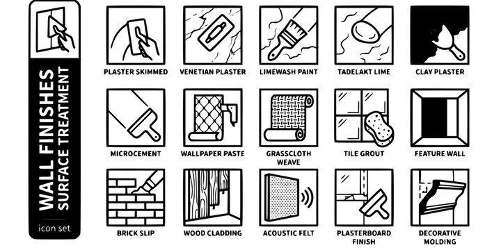Wall Finishes Surface Treatment Bold Line Icons-Plaster Skimmed Venetian Plaster Polished Limewash Paint Tadelakt Clay Plaster Microcement Wallpaper Paste-15 Wall Finishes Icon Set Vector - Surface Tr