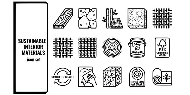 Sustainable Interior Materials Bold Line Icons-Reclaimed Timber Recycled Glass Bamboo Flooring Cork Tile Linen Natural Fiber Hemp Textile Wool Loop Carpet-15 Sustainable Materials Icon Set Vector - In