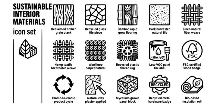 Sustainable Interior Materials Bold Line Icons-Reclaimed Timber Recycled Glass Bamboo Flooring Cork Tile Linen Natural Fiber Hemp Textile Wool Loop Carpet-15 Sustainable Materials Icon Set Vector - In