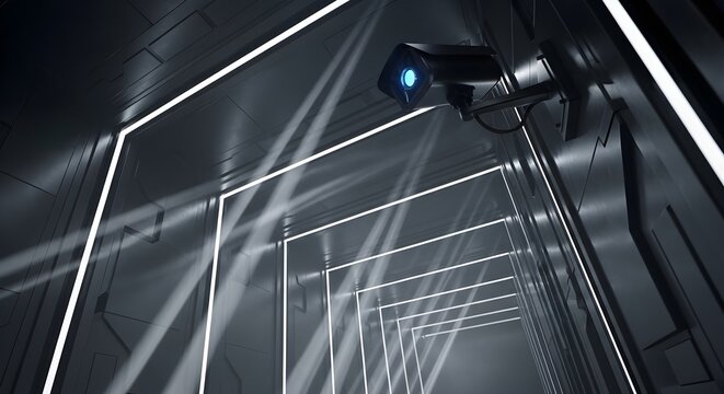Futuristic industrial interior with CCTV camera seen from below, intense lighting contrast and 8K film texture