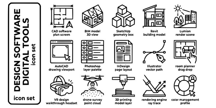 Design Software Digital Tools Bold Line Icons-CAD Software Plan BIM Model 3D SketchUp Geometry Revit Building Lumion Render AutoCAD Photoshop InDesign-15 Design Software Icon Set Vector - Digital Tool
