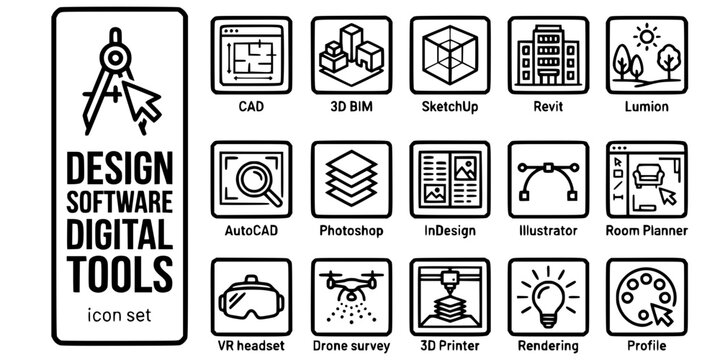Design Software Digital Tools Bold Line Icons-CAD Software Plan BIM Model 3D SketchUp Geometry Revit Building Lumion Render AutoCAD Photoshop InDesign-15 Design Software Icon Set Vector - Digital Tool