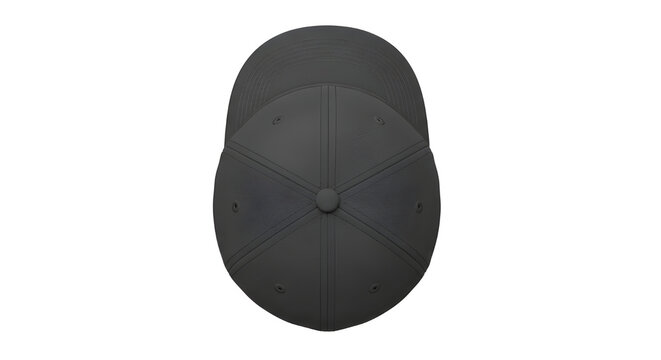 Top-down view of a plain black baseball cap with a flat brim, ideal for branding mockups, casual wear, or sports apparel design isolated on white background.