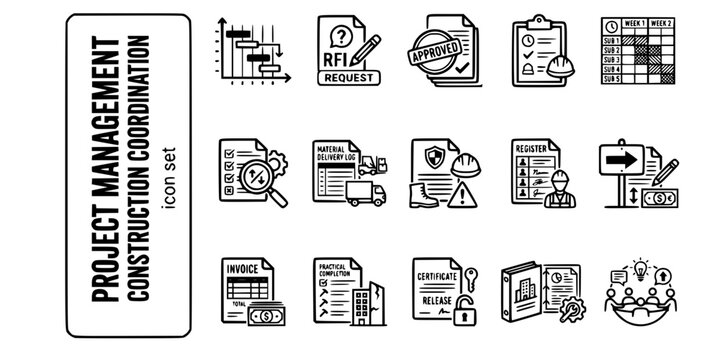 Project Management Construction Coordination Bold Line Icons-Project Programme Gantt RFI Request Information Submittal Approval Daily Site Report Subcontractor-15 Project Management Icon Set Vector - 