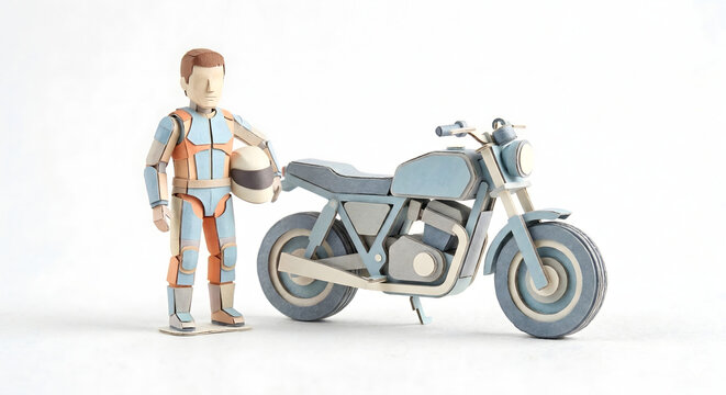 愛車のバイクと並んで立つ男性オーナーのペーパークラフト