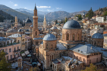 Naklejka premium Ancient cityscape with historic domed buildings and towers nestled in mountainous landscape under clear blue sky, showcasing detailed architecture and vibrant urban life