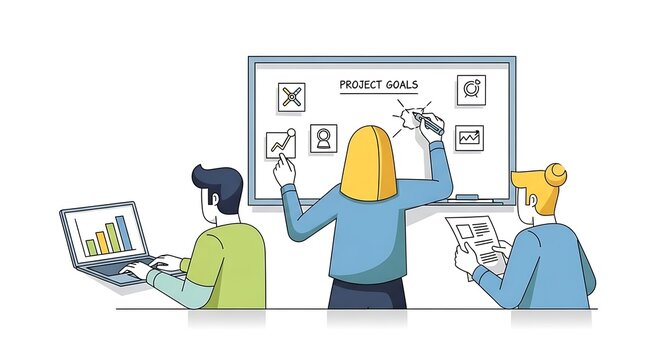 Three people, two men and one woman, working in an office with a whiteboard and using a laptop and tablet